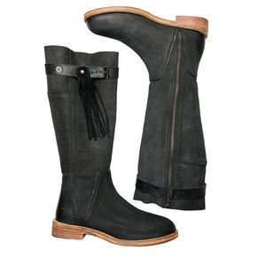 FREE PEOPLE Knee High Boots Sayre Black Leather Tall Tassel Strap Size 40/9.5